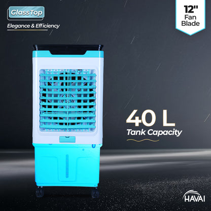 HAVAI Premium Glass Top GT 12 | 12&quot; Fan Blade | 40 Litre Tank Capacity | 160W Power | 15ft Air Throw | 3-Side Honeycomb Cooling | Sleek Glass Top Design | 4 Castor Wheels (BLUE)