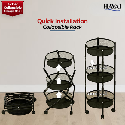 Havai 3 Tier Collapsible Storage Rack Trolley | Portable Mesh Basket Organizer with Wheels | Foldable Kitchen, Bathroom &amp; Bedroom Utility Cart for Home – Black