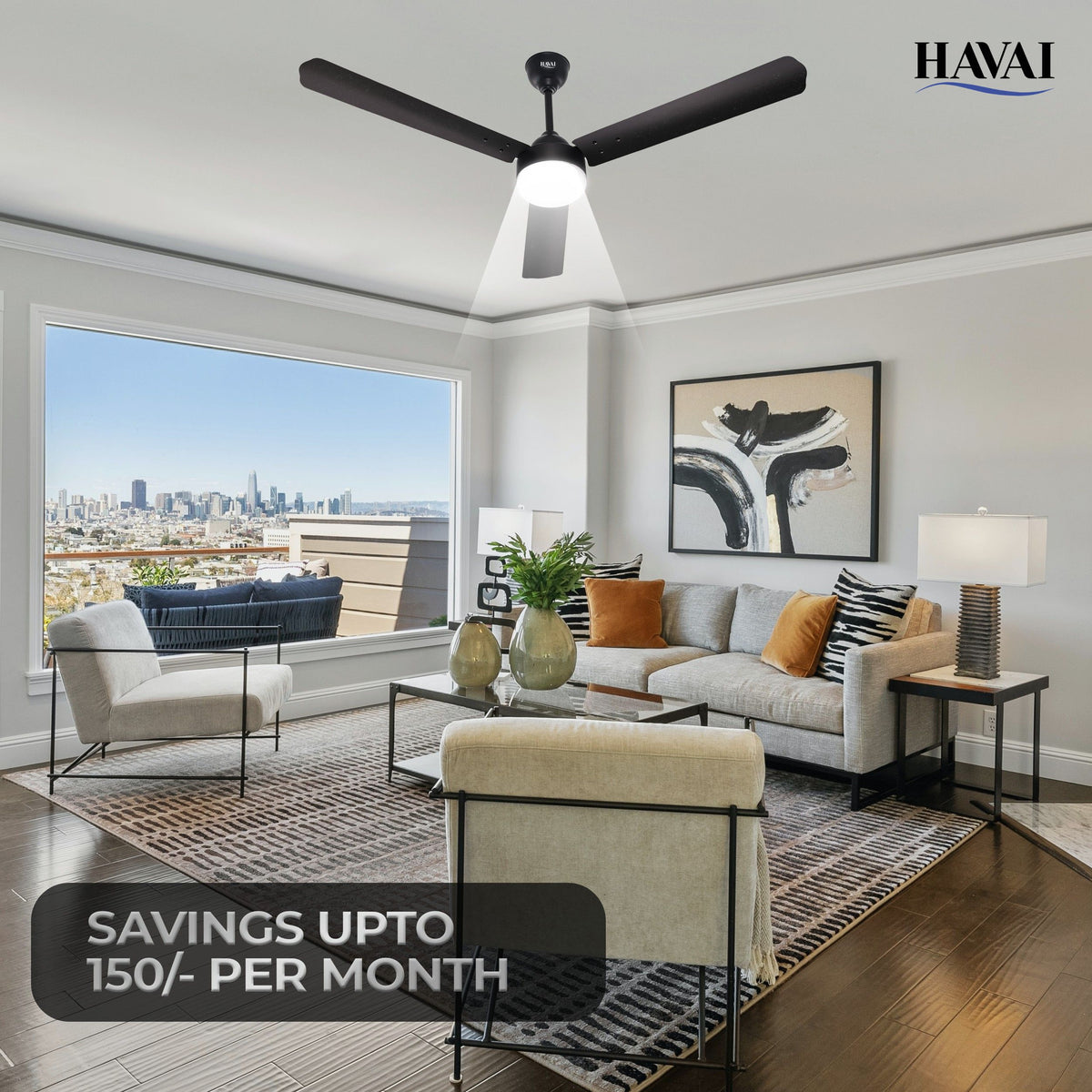HAVAI Spinel BLDC Ceiling Fan 28W, 1200mm Blade with Remote - Smoky Brown,9W LED Light