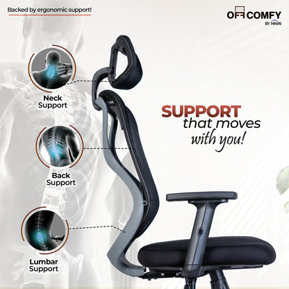 Off Comfy by HAVAI - Titan Lite Black Chair |  Korean Mesh | 2D Arms | Lumbar |  Seat Slider | Gaslift | Chrome Base | 60mm Castors