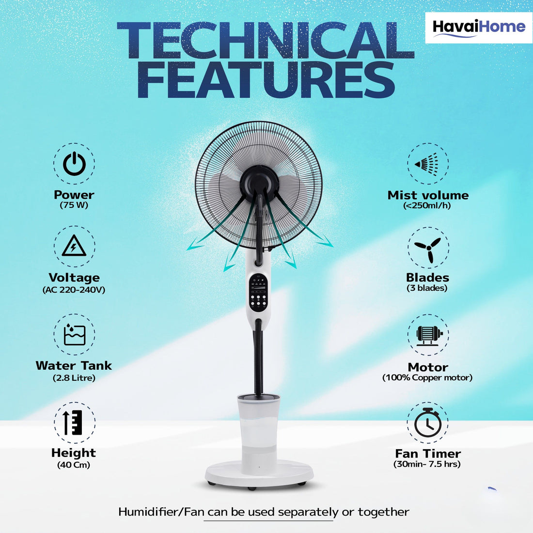 Blu Mist Pedestal Fan – 16" Residential Mist Fan | Remote Control | 2.8 Litre Tank | Installation Included (White, Pack of 1)