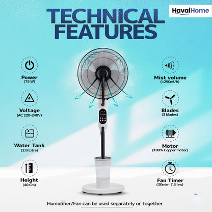 Blu Mist Pedestal Fan – 16" Residential Mist Fan | Remote Control | 2.8 Litre Tank | Installation Included (White, Pack of 1)