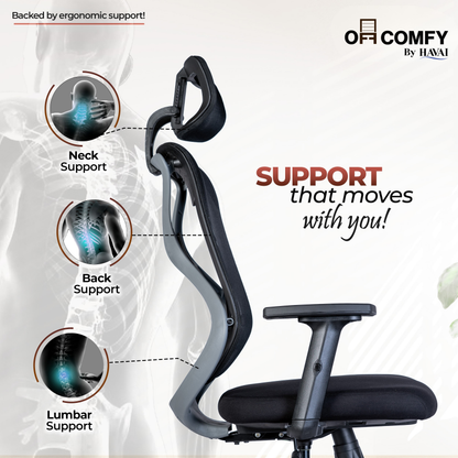 Off Comfy by HAVAI - Titan Lite Black Chair |  Korean Mesh | 2D Arms | Lumbar |  Seat Slider | Gaslift | Chrome Base | 60mm Castors