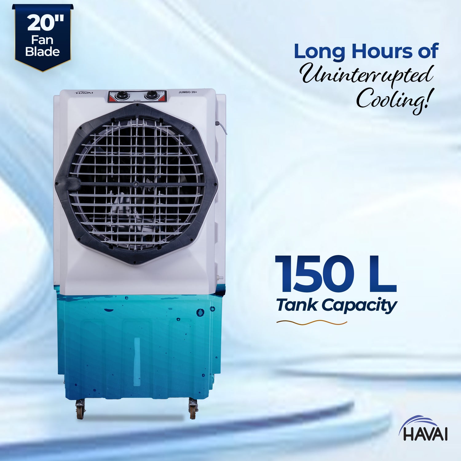 HAVAI Jumbo 20+ Desert Air Cooler for Home &amp; Commercial Use | 20 Inch Aluminium Fan, 150L Tank, 6190 m³/hr Air Delivery | Covers 450 Sq Ft | Honeycomb Pads, Auto Swing Louvers, Wheels | White &amp; Grey