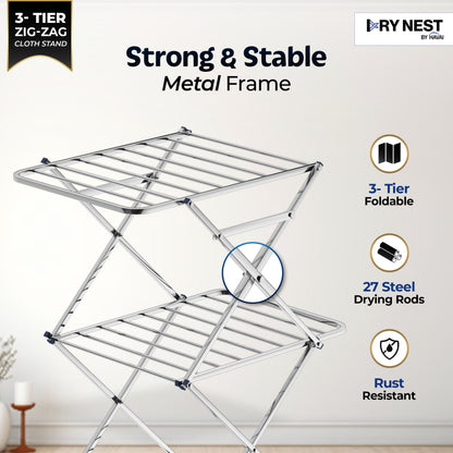 HAVAI DryNest 4.5 KG Heavy Duty Clothes Drying Stand | 40 KG Load Capacity | 3-Tier Zig-Zag Foldable Stainless Steel Airer | Rust Resistant Laundry Rack for Balcony, Indoor &amp; Outdoor Use