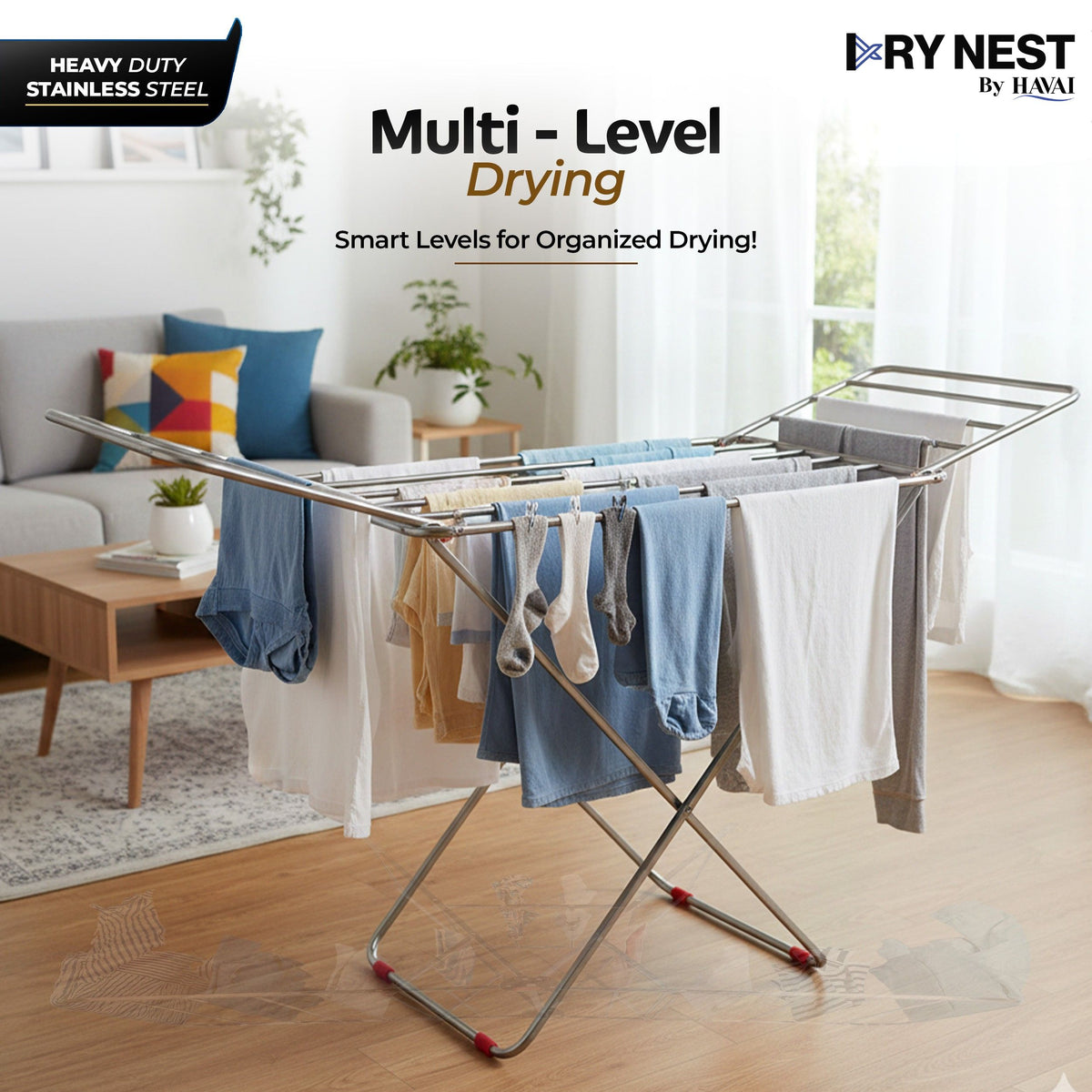HAVAI DryNest 3.8 KG Heavy Duty Foldable Clothes Drying Stand | 20 Square Rust-Free Steel Rods | Strong Load Capacity | 3-Way Folding Laundry Airer | Space-Saving Indoor &amp; Balcony Clothes Stand | 1-Year Warranty