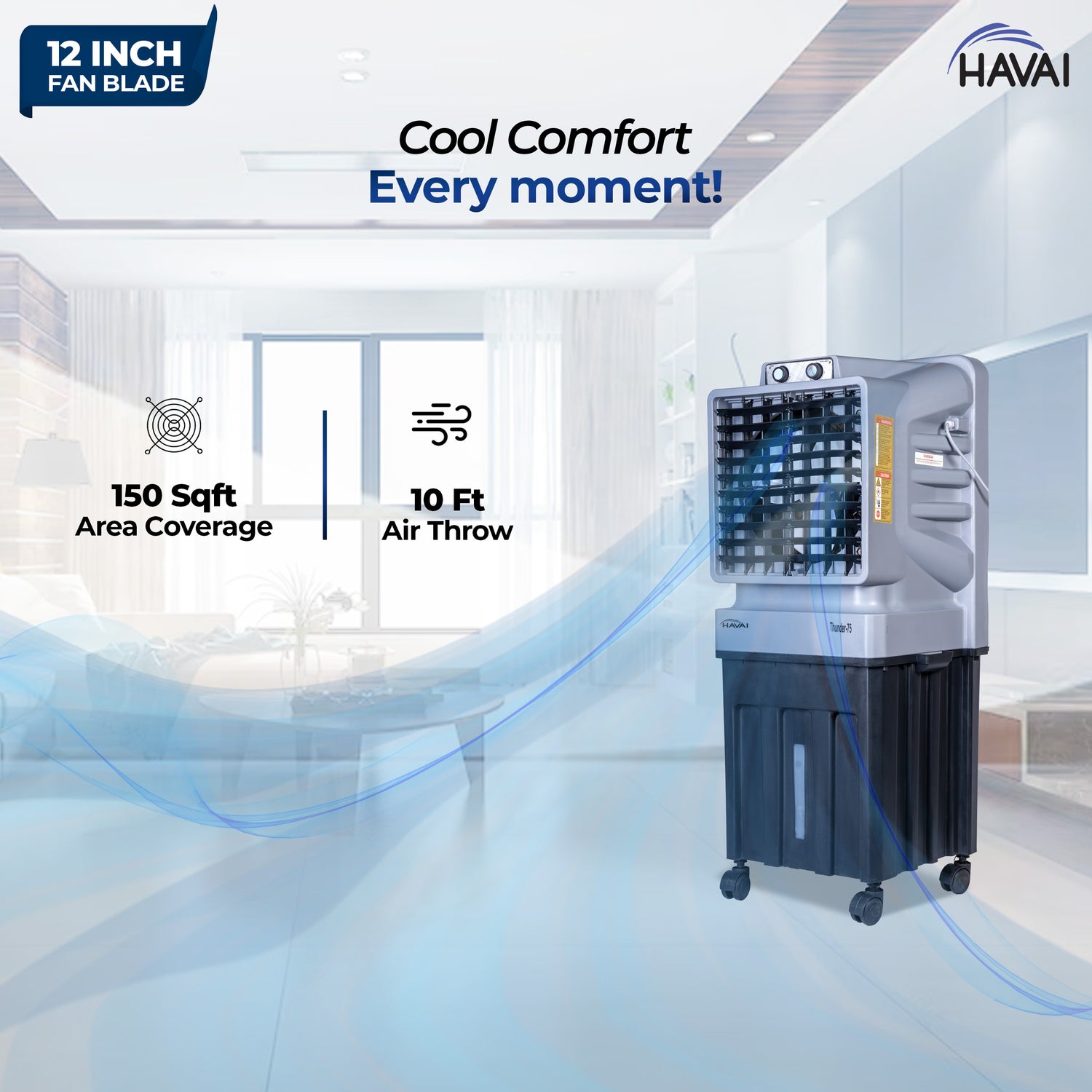 HAVAI Thunder-75 Tower Air Cooler | 70L Tank | 12″ Blade | Ideal for 150 sq ft Rooms | 130W Power | 10 ft Air Throw | 1350 RPM | Auto-Louver | 3-Speed | 1-Year On-Site Motor Warranty (Black &amp; Grey)