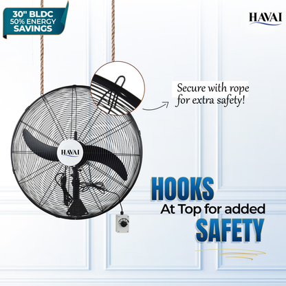 BLDC Wall Mount Fan 30 Inch, 50% Savings On Electricity, High Velocity, Heavy Duty Metal For Industrial, Commercial And Residential Use, Assembly Included , Black