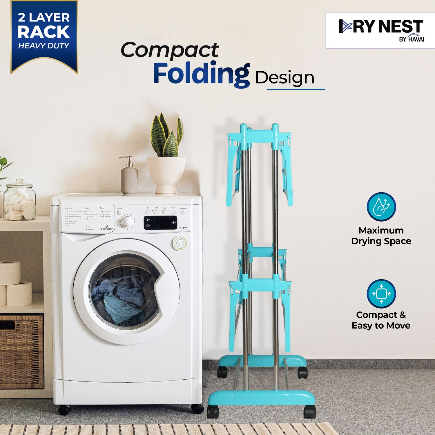 HAVAI DryNest 3.7 KG Premium Clothes Drying Stand with Wheels | Heavy-Duty Rust-Free Steel &amp; Strong Steel Rods | 2-Layer Foldable Jumbo Rack | Portable &amp; Balcony-Friendly