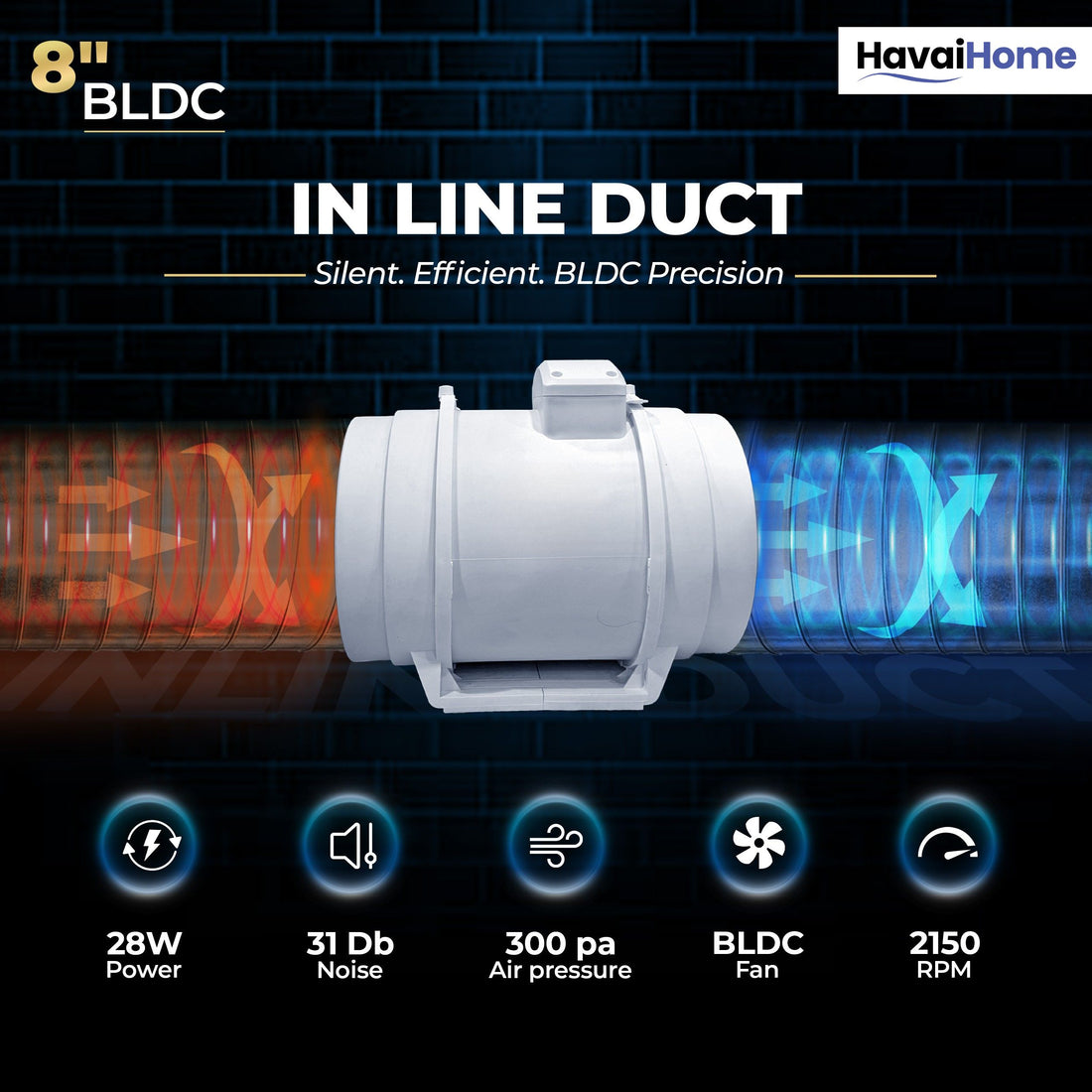 BLDC Inline Duct Fan 8 Inch | 900 CMH Airflow | Energy-Saving 40W Exhaust Fan for Ventilation