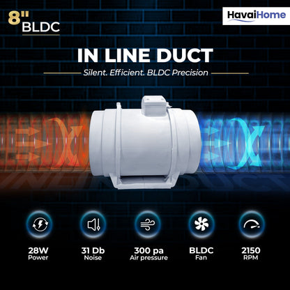 BLDC Inline Duct Fan 8 Inch | 900 CMH Airflow | Energy-Saving 40W Exhaust Fan for Ventilation