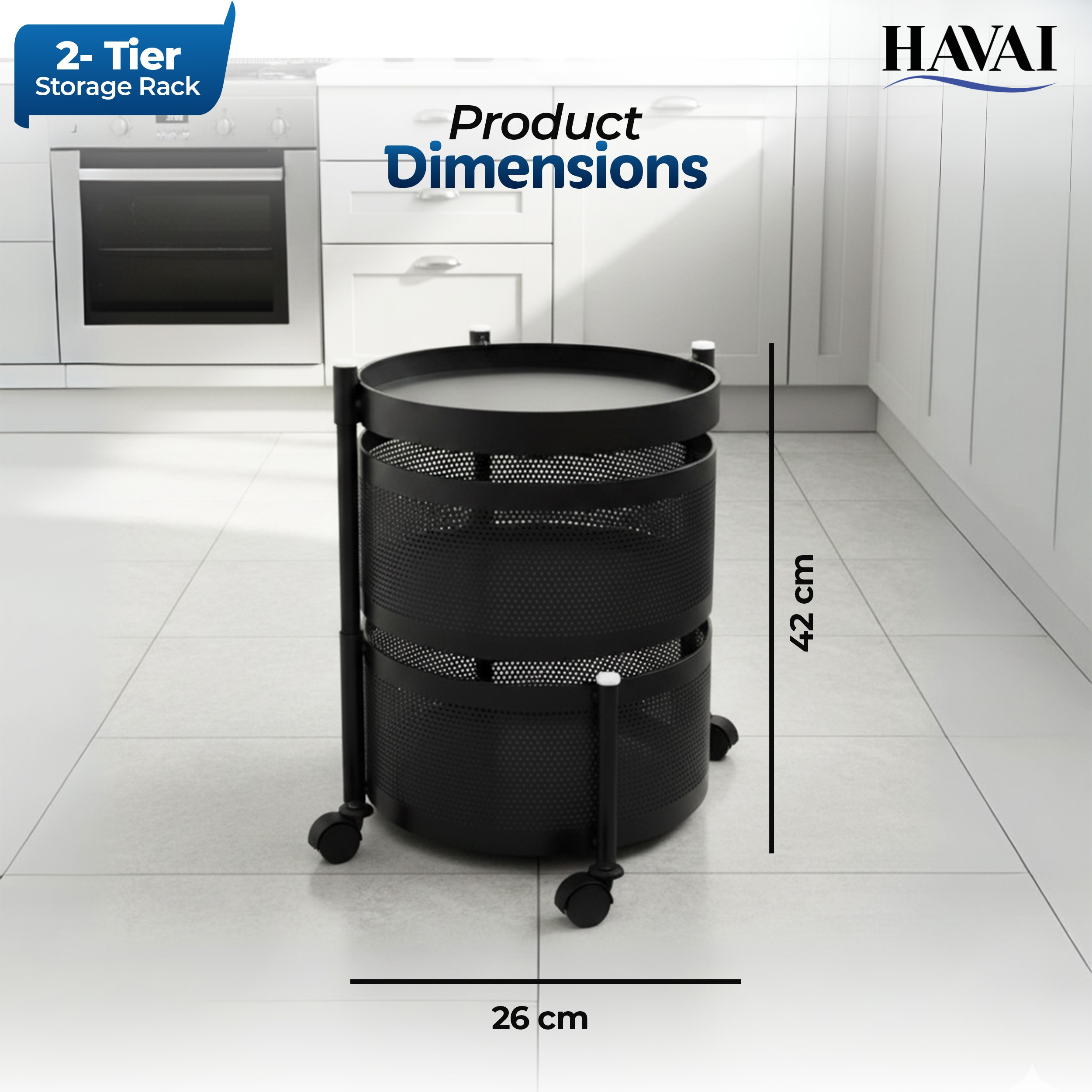 Havai 2 Tier Round Rolling Kitchen Storage Rack | Sturdy Metal Frame| Space-Saving Utility Shelf – Black