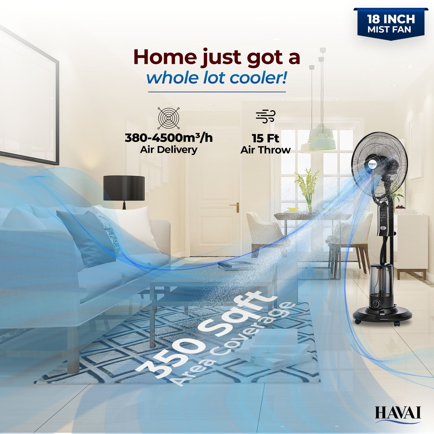 HAVAI RED 18" BLDC Mist Pedestal Fan – High-Speed, Remote &amp; Touch Control, 3.2L Tank, 80W Power, 350 Sq Ft Coverage, Easy Install, Black (Copy)