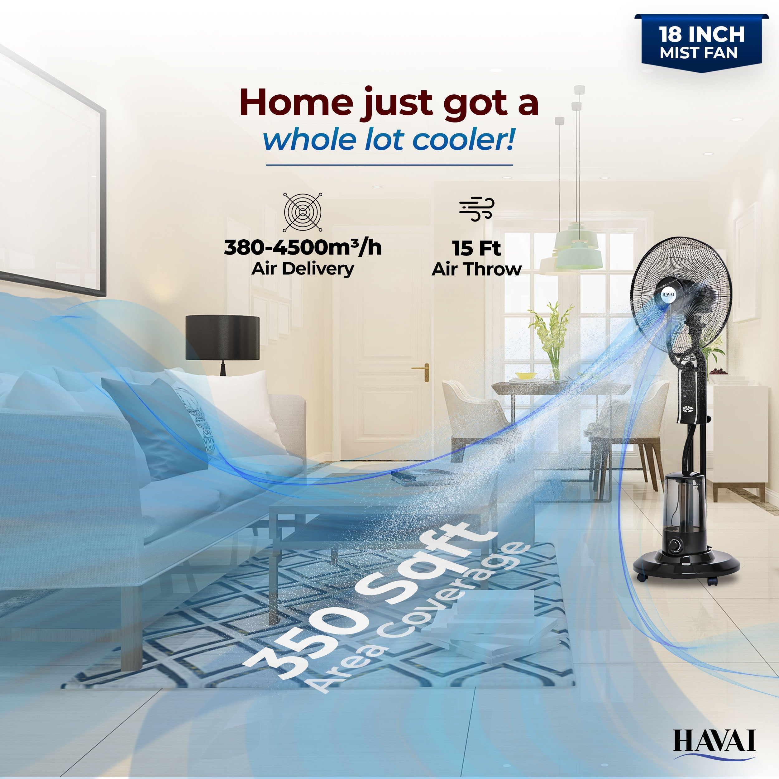 HAVAI RED 18" BLDC Mist Pedestal Fan – High-Speed, Remote &amp; Touch Control, 3.2L Tank, 80W Power, 350 Sq Ft Coverage, Easy Install, Black (Copy)