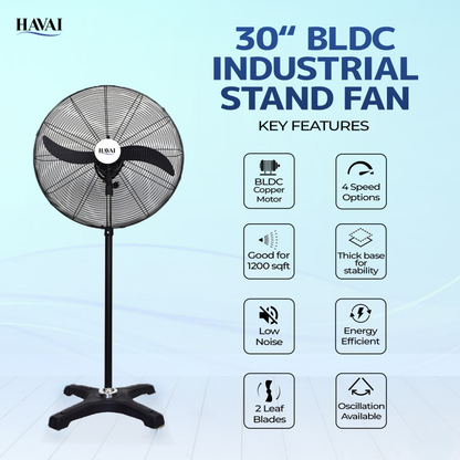HAVAI BLDC Pedestal Fan 30 Inch, 50% Savings On Electricity, High Velocity, Heavy Duty Metal For Industrial, Commercial And Residential Use, Assembly Included , Black