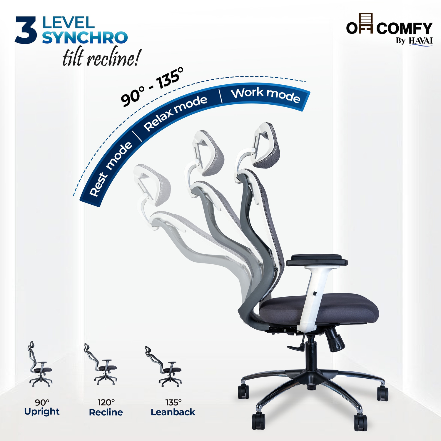 Off Comfy by HAVAI - Titan Pro Grey Chair |  Korean Mesh | Headrest | 2D Arms | Lumbar |  Seat Slider | Gaslift | Chrome Base | 60mm Castors