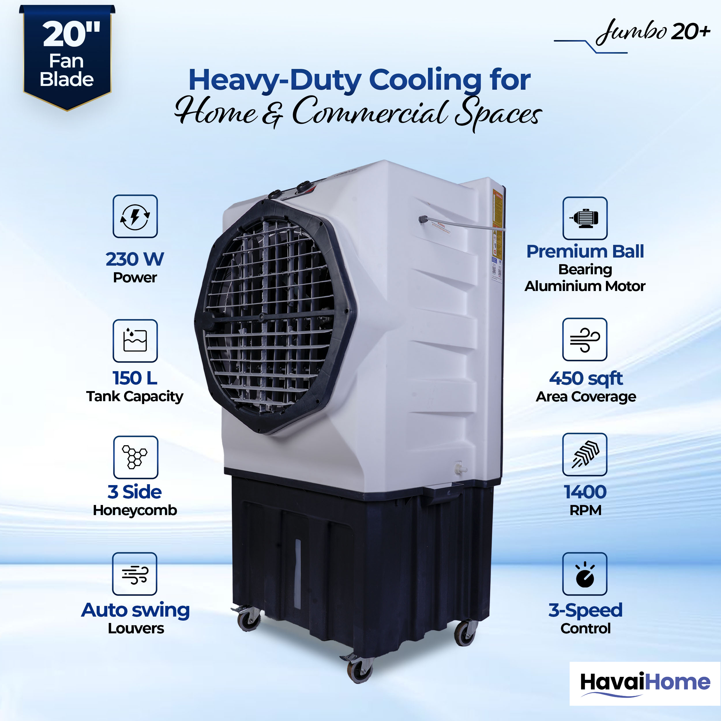 HAVAI Jumbo 20+ Desert Air Cooler for Home &amp; Commercial Use | 20 Inch Aluminium Fan, 150L Tank, 6190 m³/hr Air Delivery | Covers 450 Sq Ft | Honeycomb Pads, Auto Swing Louvers, Wheels | White &amp; Grey