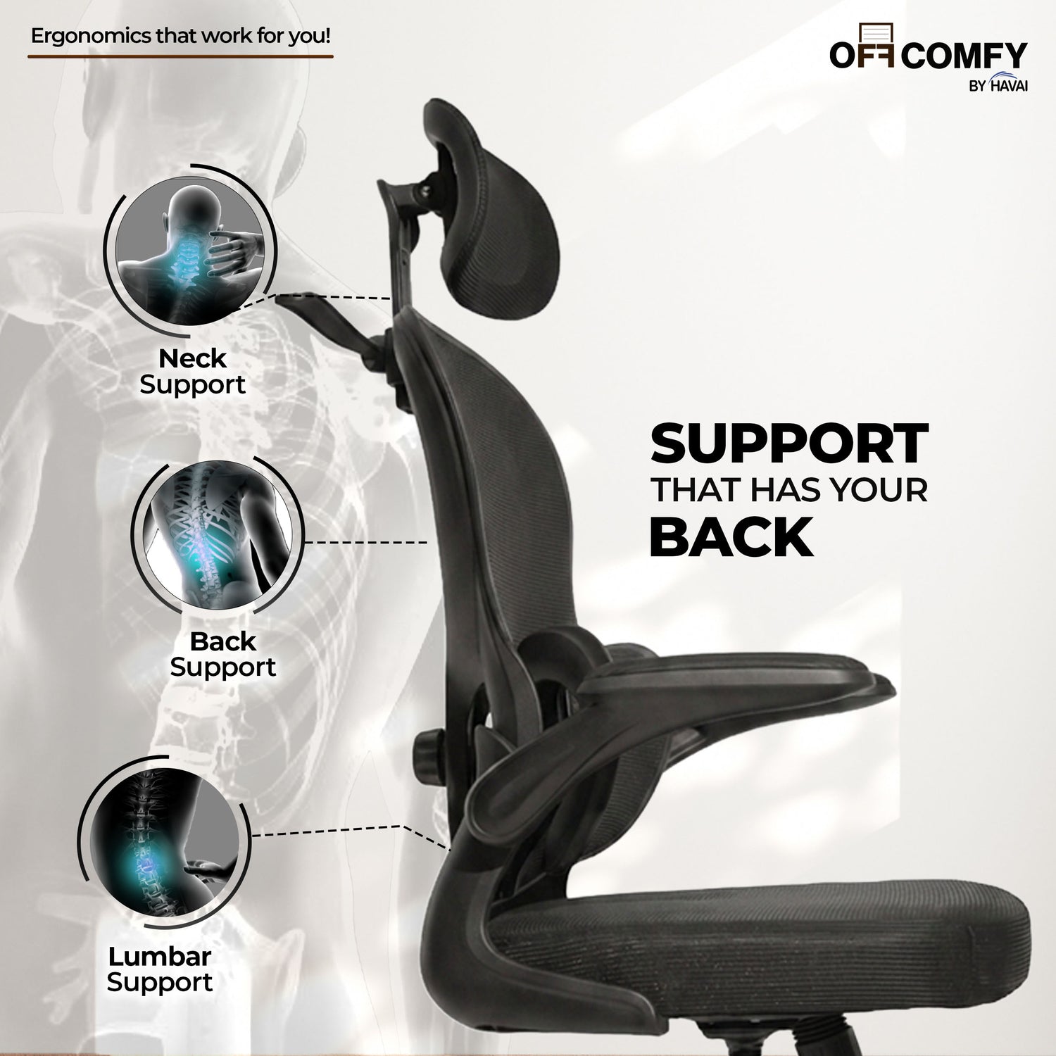HAVAI Velmora Ergonomic Office Chair | High Back Mesh Chair with Reclining Mechanism, Adjustable Armrest, Headrest &amp; Lumbar Support | Nylon Base &amp; Wheels | Executive/WFH Chair (Black)