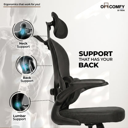 HAVAI Velmora Ergonomic Office Chair | High Back Mesh Chair with Reclining Mechanism, Adjustable Armrest, Headrest &amp; Lumbar Support | Nylon Base &amp; Wheels | Executive/WFH Chair (Black)