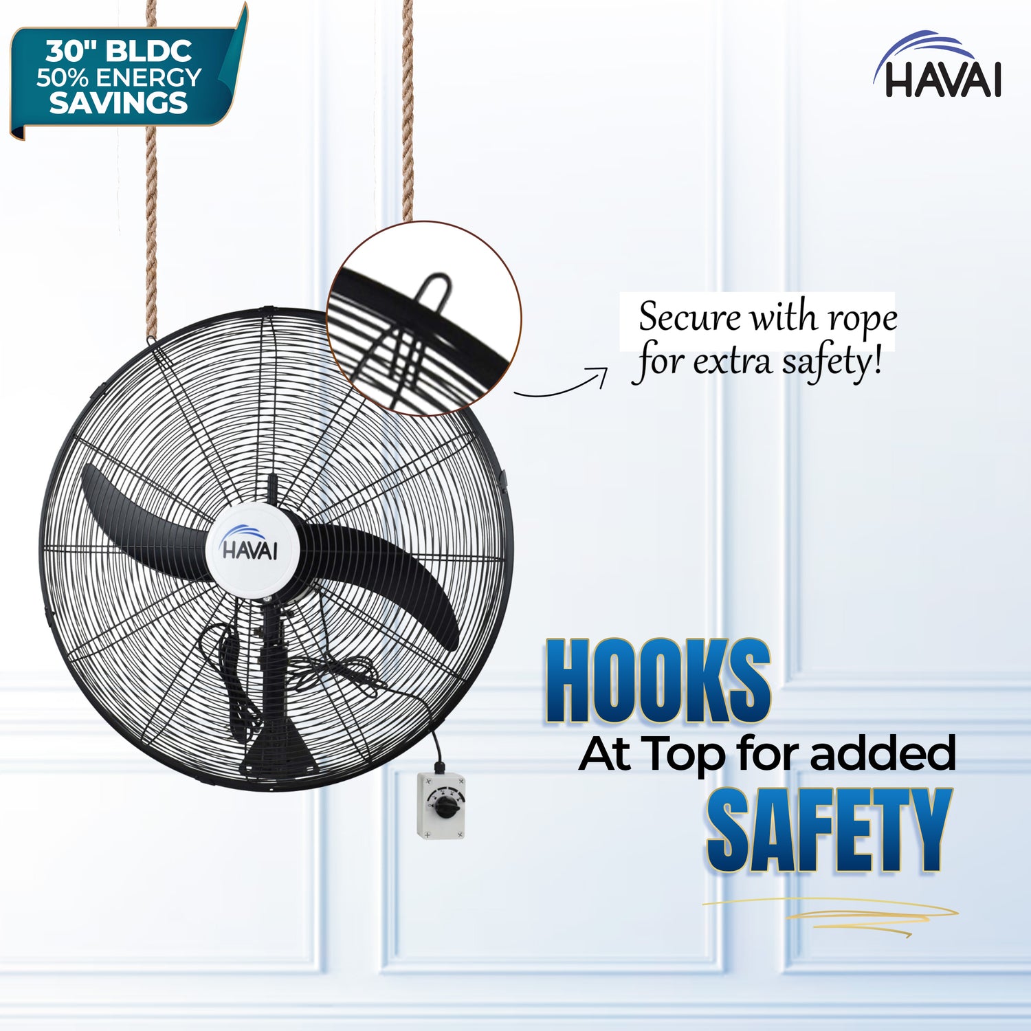 Havai BLDC Wall Mount Fan 30 Inch, 50% Savings On Electricity, High Velocity, Heavy Duty Metal For Industrial, Commercial And Residential Use, Assembly Included , Black