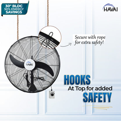 Havai BLDC Wall Mount Fan 30 Inch, 50% Savings On Electricity, High Velocity, Heavy Duty Metal For Industrial, Commercial And Residential Use, Assembly Included , Black