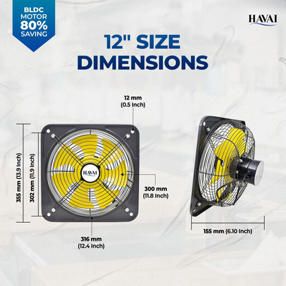 HAVAI BLDC Exhaust Fan | Power : 10W - 120W | Speed: 450-2800 RPM | Air Volume: 200-3600 m³/h | 1-Year Warranty | Stepless Speed Control | Metal Frame Included | Soundless (12-Inch Blade)