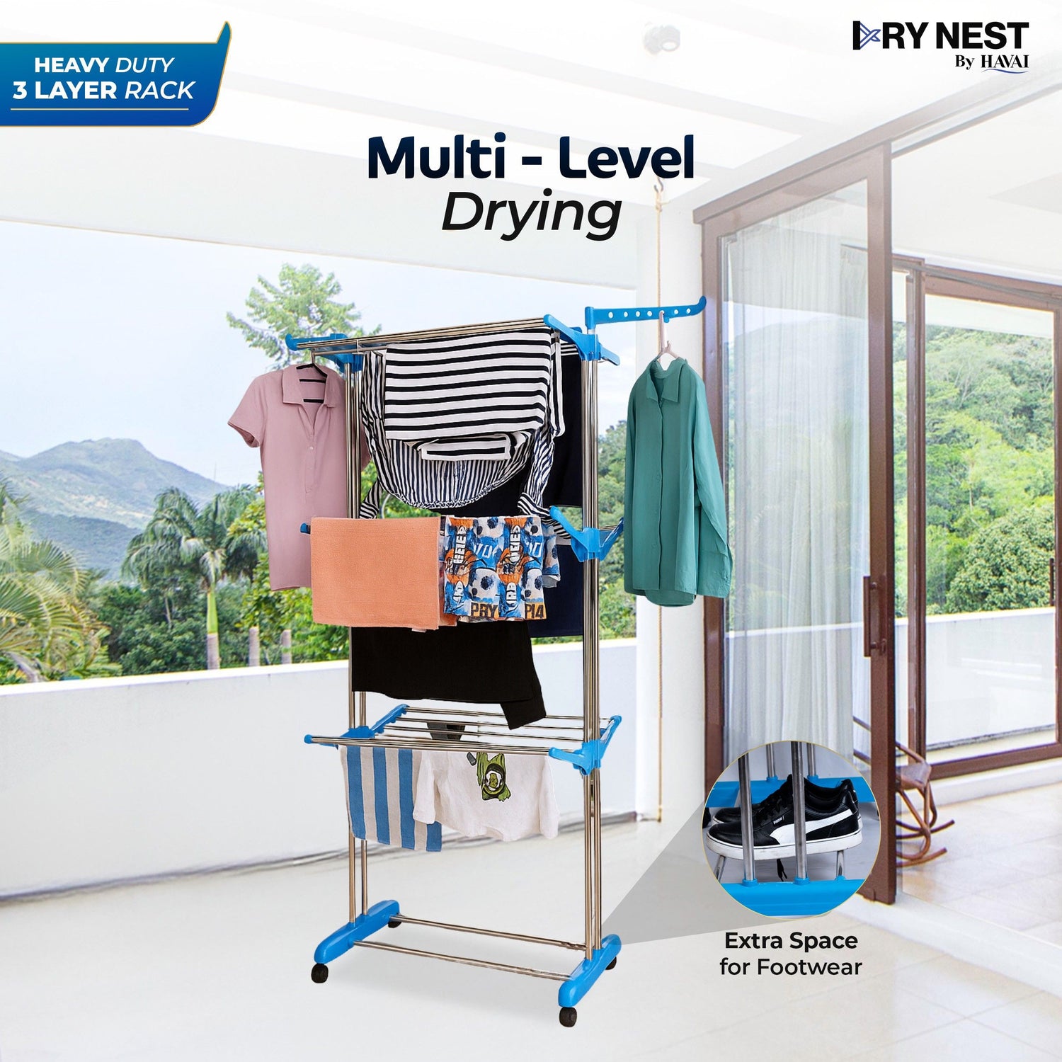 DryNest by Havai - 4.6 KG Premium Clothes Drying Stand with Wheels | Heavy-Duty Rust-Free Steel &amp; Strong Steel Rods | 3-Layer Foldable Jumbo Rack with 24 Hanger Rods | Portable &amp; Balcony-Friendly