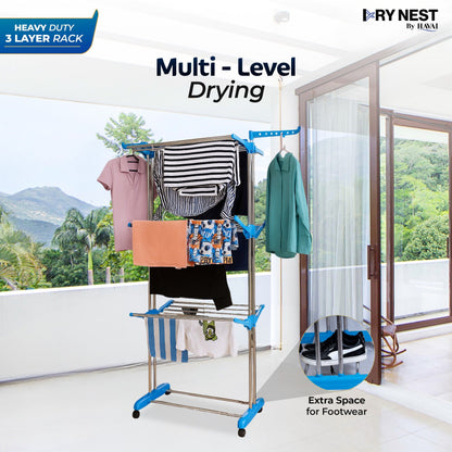 DryNest by Havai - 4.6 KG Premium Clothes Drying Stand with Wheels | Heavy-Duty Rust-Free Steel &amp; Strong Steel Rods | 3-Layer Foldable Jumbo Rack with 24 Hanger Rods | Portable &amp; Balcony-Friendly