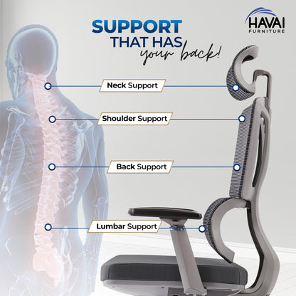 HAVAI Neo High Back Ergonomic Mesh Office Chair |  Multi-Lock Mechanism | Chrome Base | 3D Armrests with PU Pads  | Adjustable Headrest | Breathable Mesh Back (Grey)