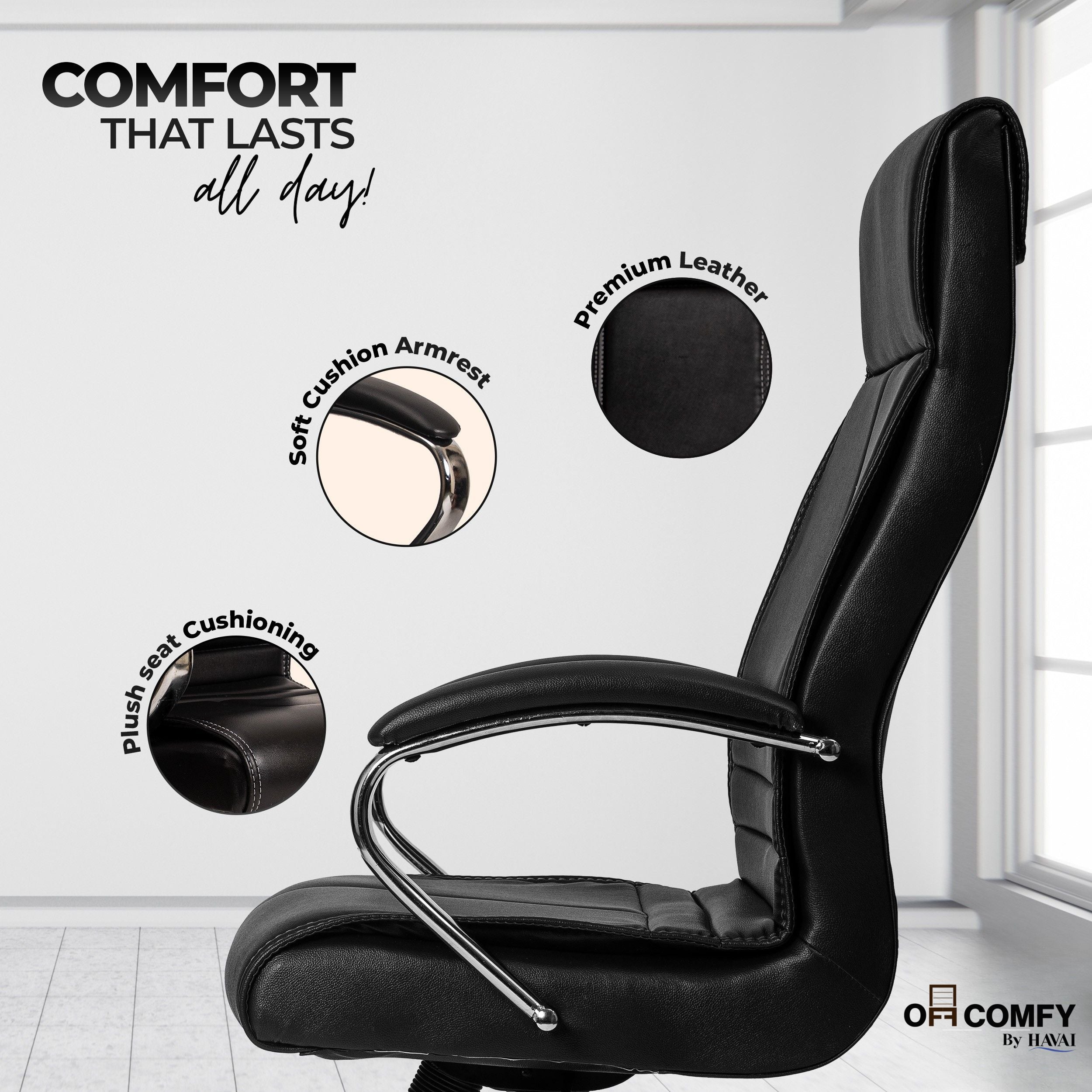 Nova High Back Office Chair | Premium Leather | Ergonomic Executive Chair with Single Lock Tilt Mechanism |  Chrome Steel Base &amp; Arms | Class 4 Gaslift | 50mm Casters  | High-Density Cushioned Seat &amp; Back (Black)