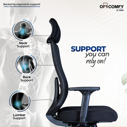 Off Comfy by HAVAI - Bolt Black Ergonomic Office Chair |  Yuva Mesh Back | 4D Arms with PU Pad | 1D Lumbar Support |  Auto Weight Mechanism with 4-Point Lock | Seat Slider | Crystal Chrome Base | 60mm Castors