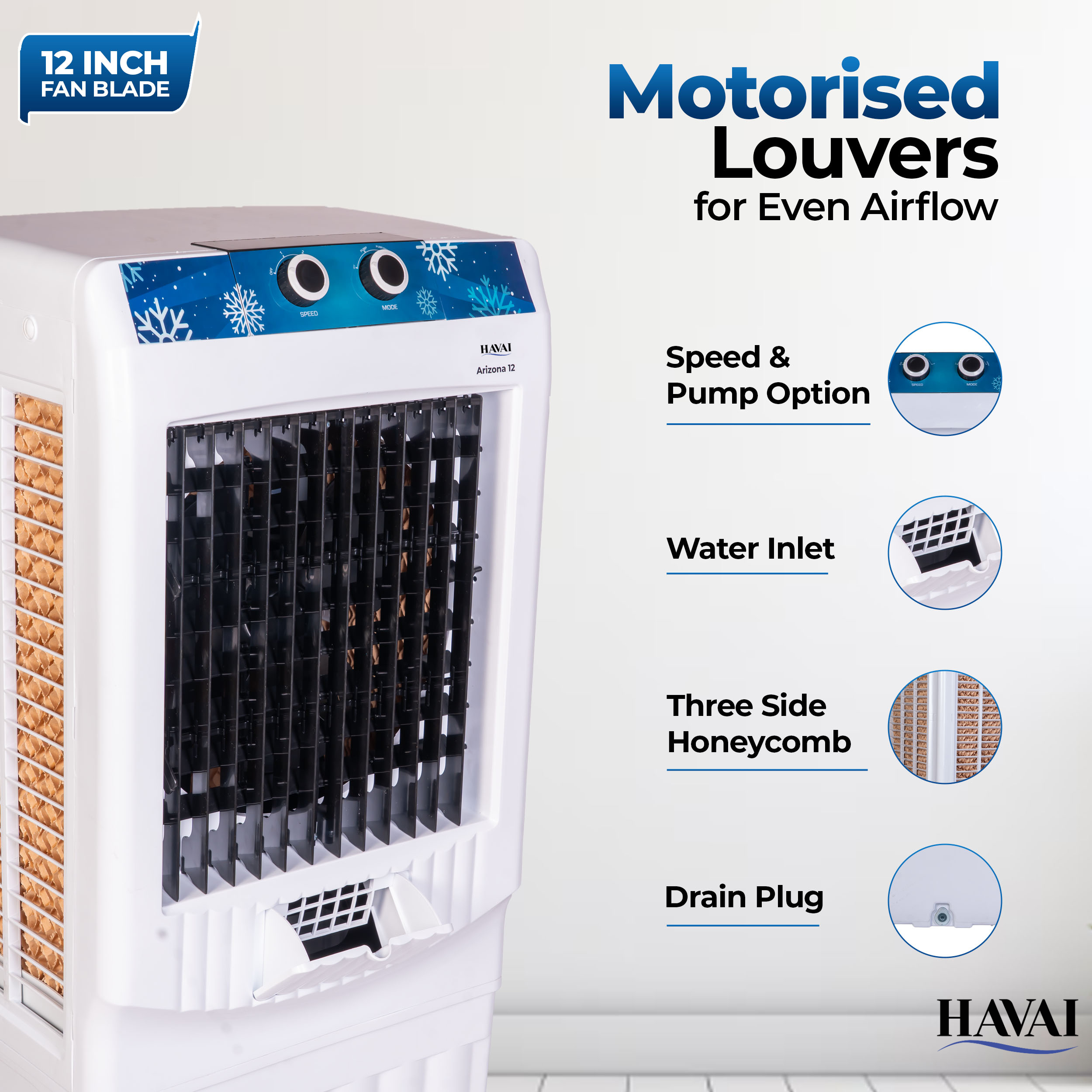 HAVAI Arizona 12 Personal Air Cooler | 12-Inch Fan | 60L Water Tank | Air Throw up to 8 Feet | 2000 m³/hr Air Delivery | 3-Side Honeycomb Pads | Motorised Louvers | Energy Efficient 120W | White