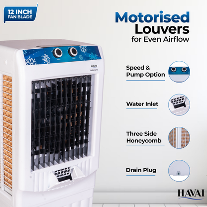 HAVAI Arizona 12 Personal Air Cooler | 12-Inch Fan | 60L Water Tank | Air Throw up to 8 Feet | 2000 m³/hr Air Delivery | 3-Side Honeycomb Pads | Motorised Louvers | Energy Efficient 120W | White