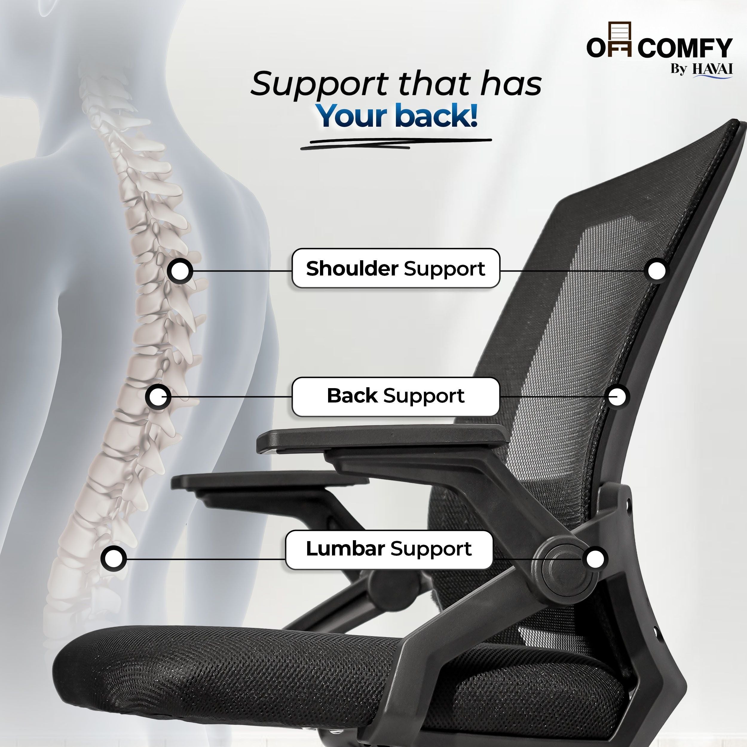 HAVAI Airon Ergonomic Office Chair with Mesh Back | Executive Computer Chair with Reclining &amp; Folding Function | Nylon Armrests | Class 2 Gas Lift | Plywood Base Support | Grey Seat | WFH &amp; Office Use | (Black)