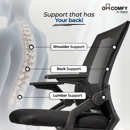 HAVAI Airon Ergonomic Office Chair with Mesh Back | Executive Computer Chair with Reclining &amp; Folding Function | Nylon Armrests | Class 2 Gas Lift | Plywood Base Support | Grey Seat | WFH &amp; Office Use | (Black)