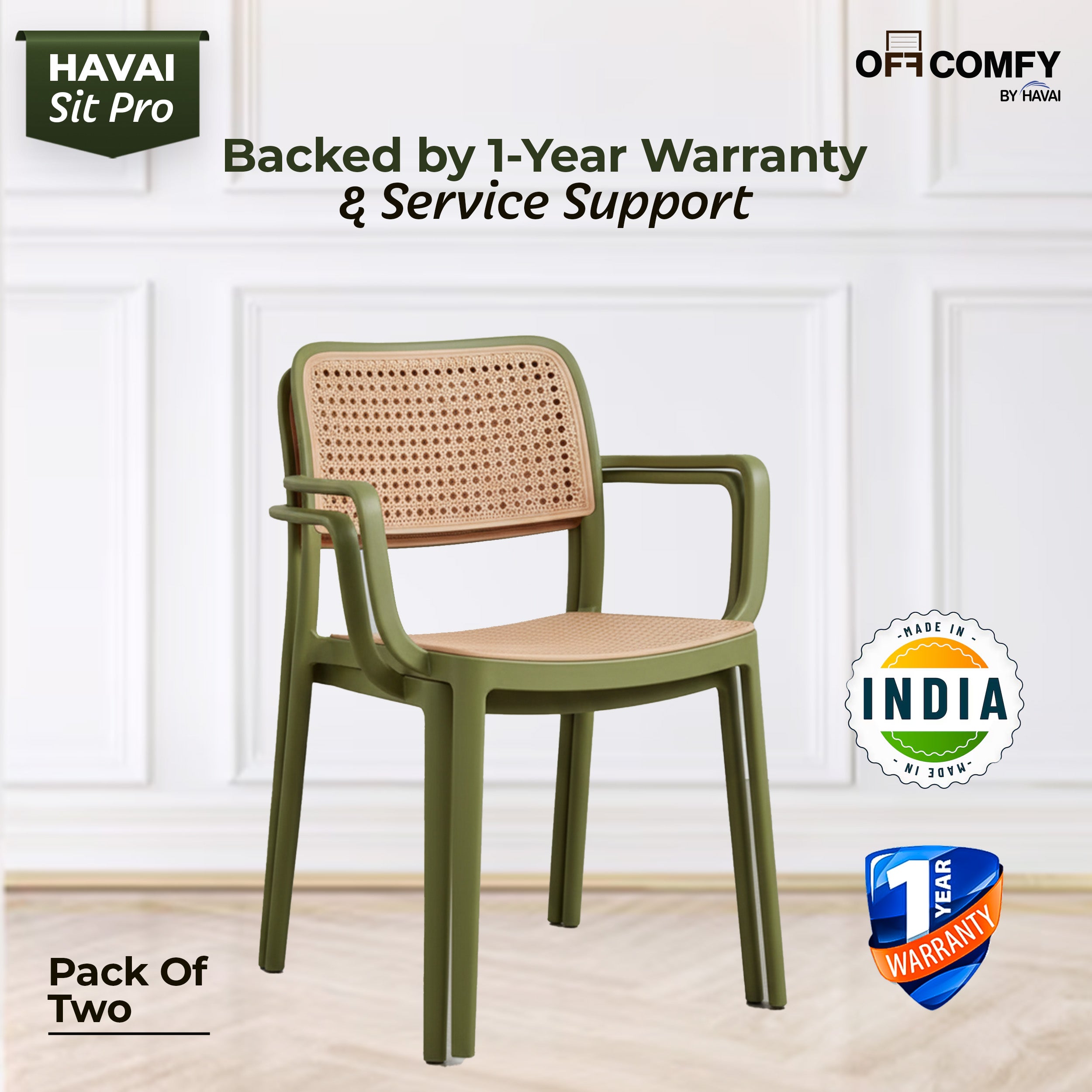 HAVAI SitPro Premium Plastic Chair for Home, Office &amp; Café | Modern Ergonomic Design | Heavy-Duty Reinforced Frame | Indoor &amp; Outdoor Use | Stackable | Pack of 2 | 1-Year Warranty | Made in India