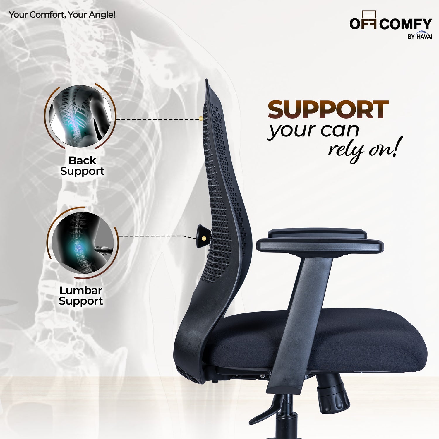 HAVAI Off-Comfy Hive Black Ergonomic Office Chair | 1D Adjustable Lumbar | Fixed Arms with PP Pad | Synchro Tilt &amp; Lock |Class 4 Gaslift | Nylon Base | 60mm Castors