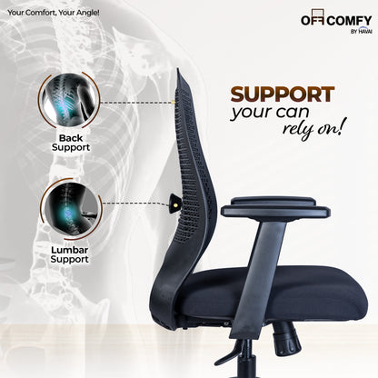 HAVAI Off-Comfy Hive Black Ergonomic Office Chair | 1D Adjustable Lumbar | Fixed Arms with PP Pad | Synchro Tilt &amp; Lock |Class 4 Gaslift | Nylon Base | 60mm Castors