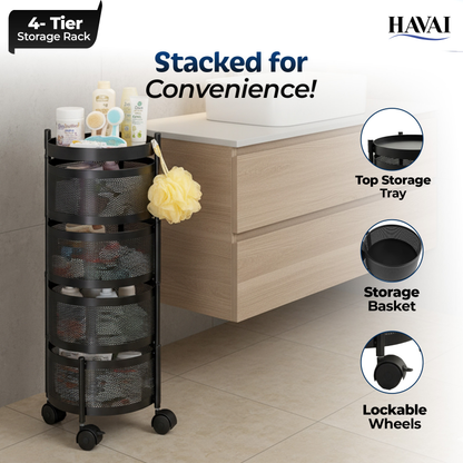 Havai 4 Tier Round Rolling Kitchen Storage Rack | Sturdy Metal Frame | Space-Saving Utility Shelf – Black