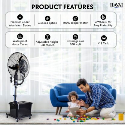 Havai 26″ Commercial Mist Fan with Adjustable Height Rod, 260W Copper Motor | 10m Spray | Manual Mist Control | Aluminium Blade | Finger-Proof Grill | 41L Tank | Fixed 6ft Height | 48-Hour Installation &amp; 1-Year Warranty