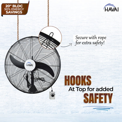 Havai BLDC Wall Mount Fan 20 Inch, 50% Savings On Electricity, High Velocity, Heavy Duty Metal For Industrial, Commercial And Residential Use, Assembly Included , Black
