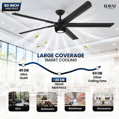Havai Mini HVLS BLDC Ceiling Fan 80 Inch, 6500 CFM Commercial 95W BLDC Motor, 6,500 CFM Air Volume, 130 RPM, 850 Sq. Ft. Coverage, 5 Aluminium Blades, 18W 3-Colour Light, Remote