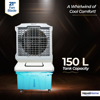 Cyclone Desert Air Cooler | 21" Fan Blade | 150L Tank Capacity | 330W High-Performance Cooling | 750 Sq. Ft. Coverage | Auto Swing | Back Honeycomb Pads | Lockable Wheels | White &amp; Grey