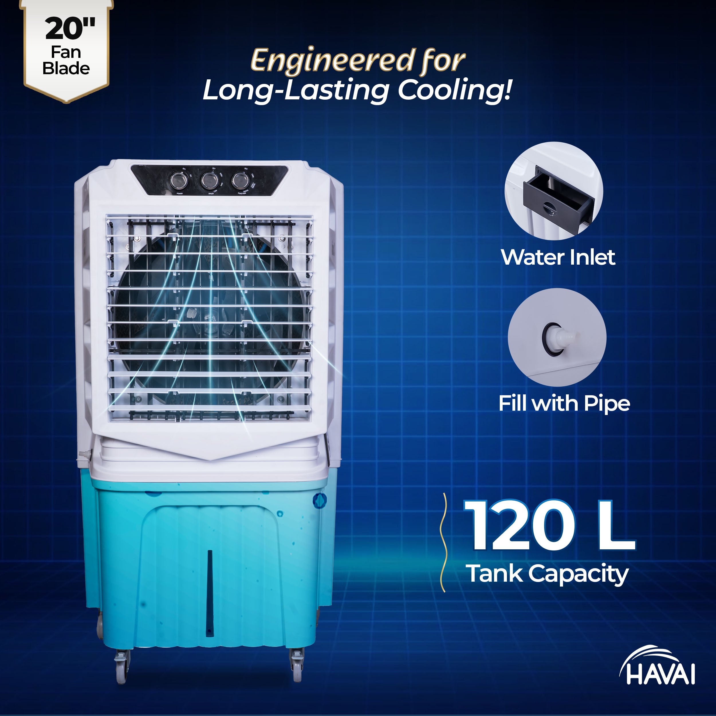 HAVAI Arizona 20 Desert Air Cooler | 120L Water Tank | 20-Inch Metal Blade | 4800 m³/hr Air Delivery | 35 Ft Air Throw | Double Bearing Low Noise Motor | Thick Honeycomb Pads | Covers up to 500 Sq Ft | 1 Year On-Site Warranty