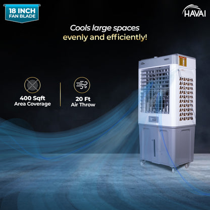 HAVAI Thunder 18 Desert Cooler | 18” Heavy-Duty Aluminium Fan Blade | 110 Dia 35mm Powerful Motor | Auto Swing | 3-Side Honeycomb Pads | 20 Ft Air Throw | 100L Tank | 1-Year Motor Warranty + Post-Warranty Support | White &amp; Grey