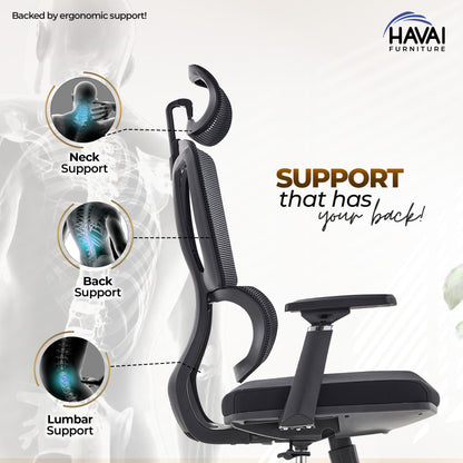 HAVAI Flexi High Back Black Mesh Ergonomic Office Chair |  Multi-Lock Synchro Tilt | Aluminium Base | Class 4 Gaslift | Seat Slider | 3D Adjustable Armrests | 50mm Casters | Premium Mesh Back &amp; Fabric Seat(Black)