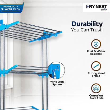 DryNest By HAVAI – Premium Clothes Drying Stand with Wheels |  3-Layer Jumbo Rack | Foldable Wings | 24 Hanger Rods |  Anti-Rust Steel | Balcony-Friendly | Portable &amp; Heavy-Duty