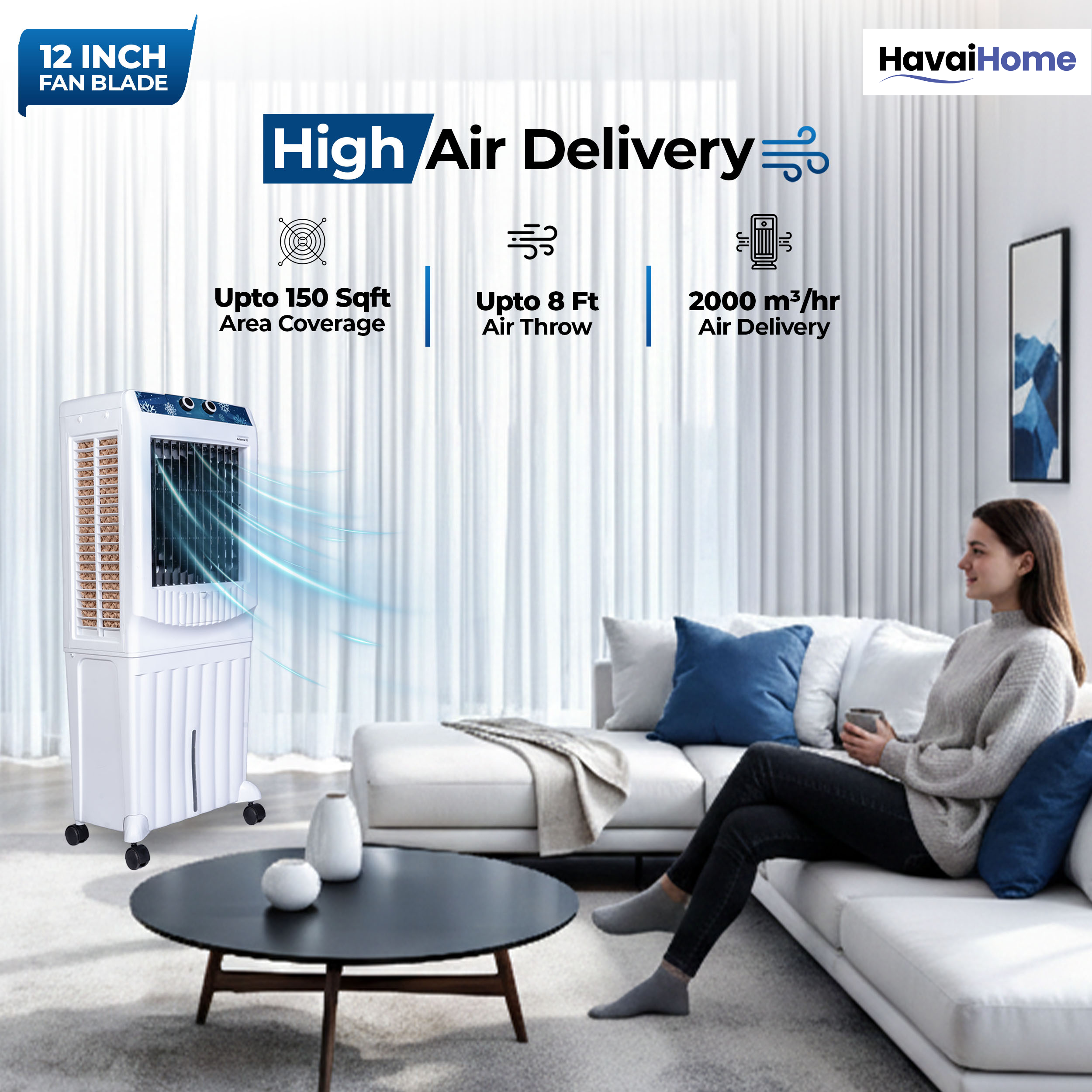 HAVAI Arizona 12 Personal Air Cooler | 12-Inch Fan | 60L Water Tank | Air Throw up to 8 Feet | 2000 m³/hr Air Delivery | 3-Side Honeycomb Pads | Motorised Louvers | Energy Efficient 120W | White