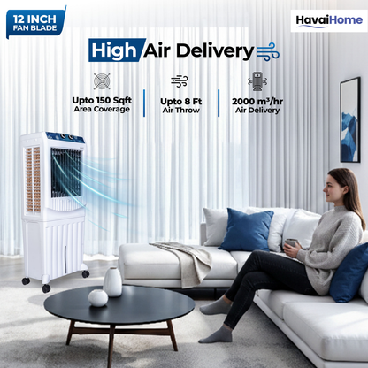 HAVAI Arizona 12 Personal Air Cooler | 12-Inch Fan | 60L Water Tank | Air Throw up to 8 Feet | 2000 m³/hr Air Delivery | 3-Side Honeycomb Pads | Motorised Louvers | Energy Efficient 120W | White