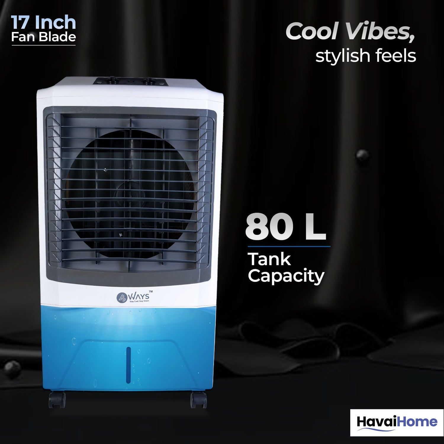 4 Way Plus Cooler | 17-Inch Fan Blade | High Thrust Energy | 500 Sq. Ft Area Coverage | 25-Foot Air Throw | 80 Litre Tank | Three-Side Honeycomb Pads | 1-Year Warranty | Sleek Design